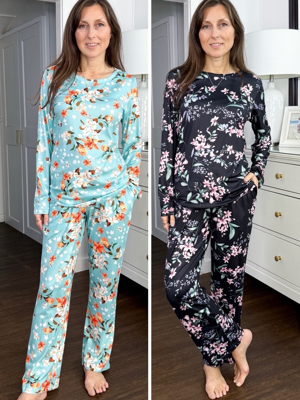 Ekouaer Floral Long-Sleeve Pajama Set of 2 in Aqua & Black